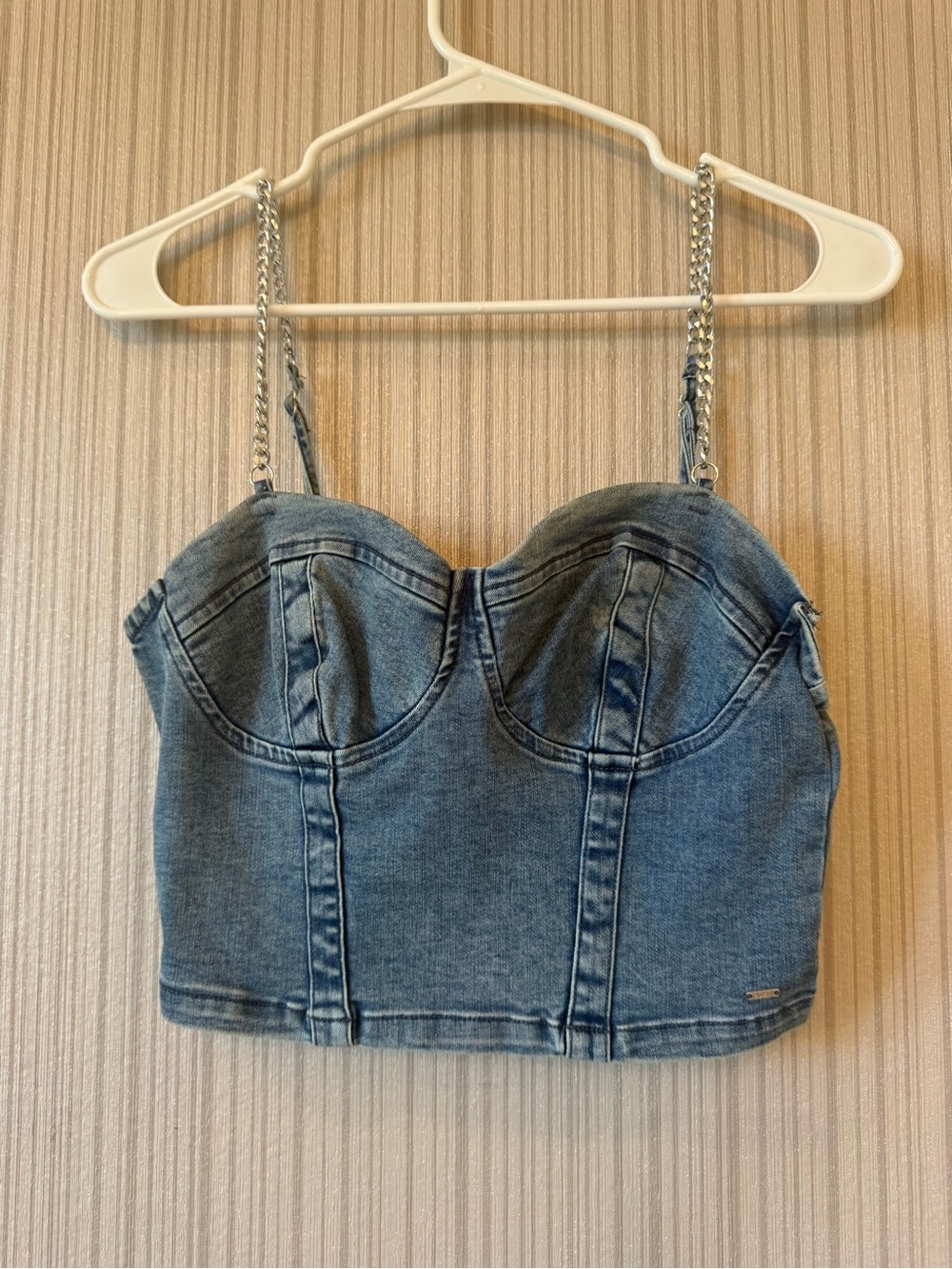 Guess Denim Bustier Crop Top with Silver Chain Straps - Blue